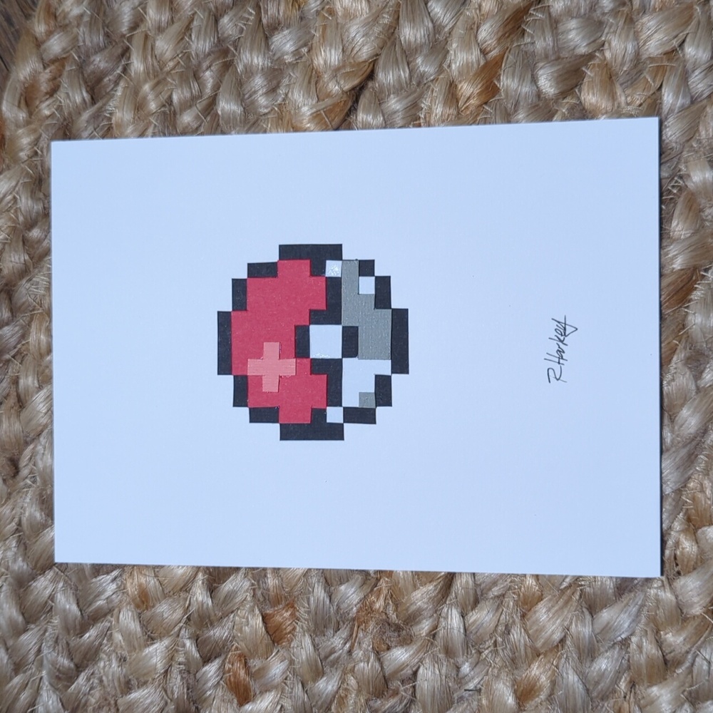 Pokemon Poke ball pixel art, cut paper, 5x7